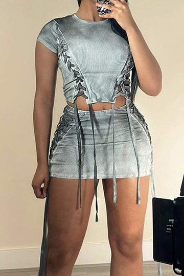 LACE UP SHIRT AND SKIRT SET