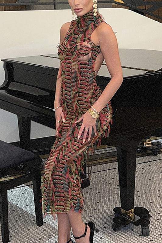 HALTER SHEER RAGGED STRIPES MIDI DRESS