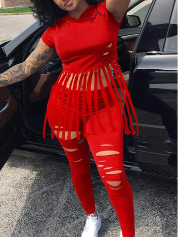 RIPPED TASSEL DESIGN PANTS SET