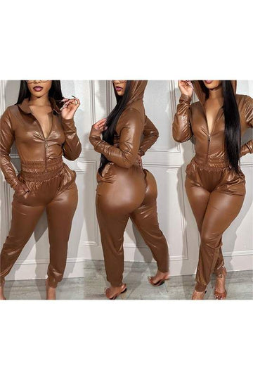 FAUX LEATHER JACKET TOP AND PANTS SET