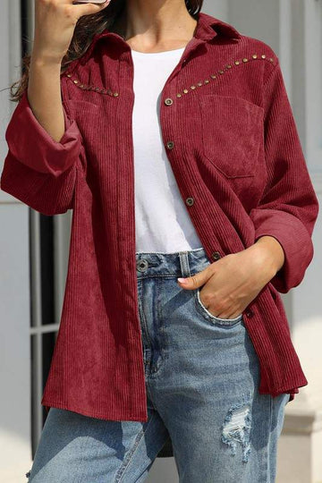 STUDDED CLAY CORDUROY CASUAL LONG SLEEVE SHIRT