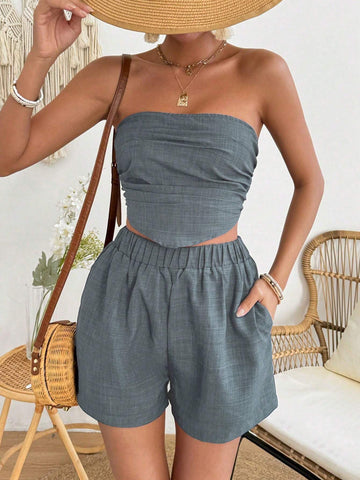 VCAY WOMEN S SLEEVELESS RUCHED BANDEAU TOP AND SHORTS TWO PIECE SET