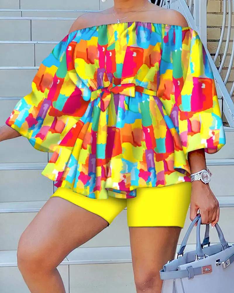 TIE DYE PRINT OFF SHOULDER BELTED TOP SHORTS SET