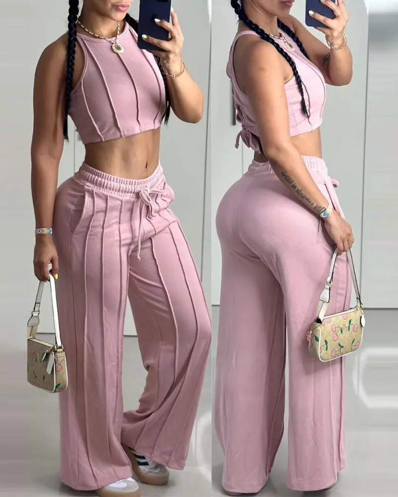 PIPING CROP TANK TOP POCKET DESIGN PANTS SET