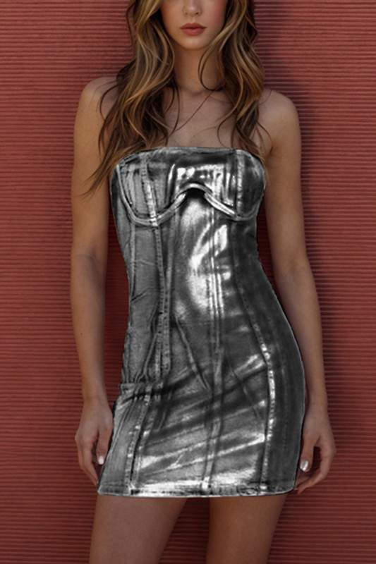 METALLIC DENIM TUBE PENCIL MINI DRESS