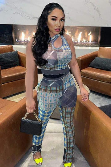 PLAID MESH LONG PANTS SET