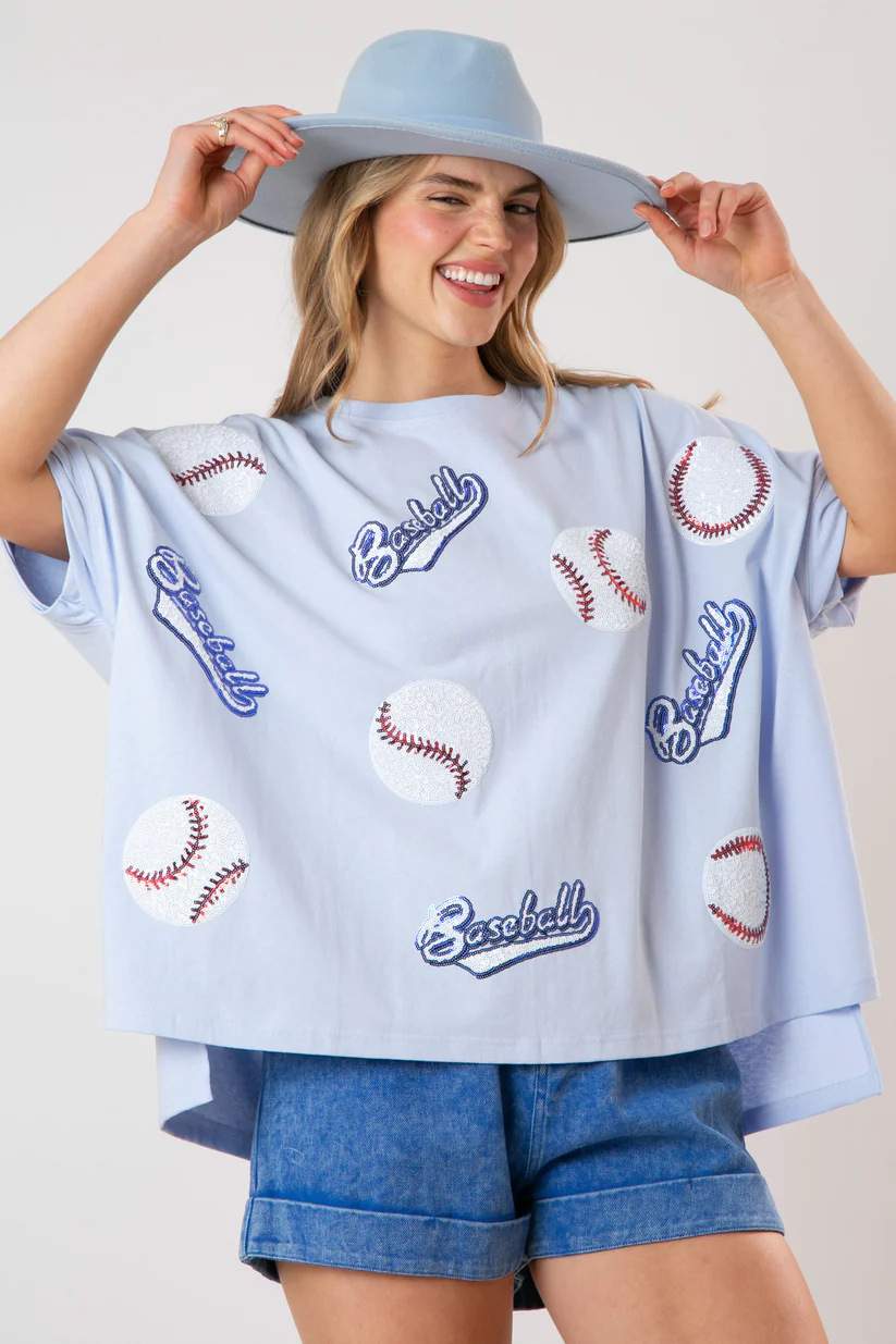 BASEBALL SEQUINED SHORT SLEEVED TOP LOOSE CASUAL T SHIRT