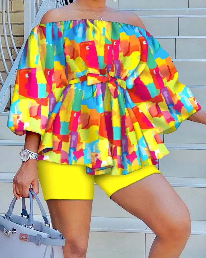 TIE DYE PRINT OFF SHOULDER BELTED TOP SHORTS SET