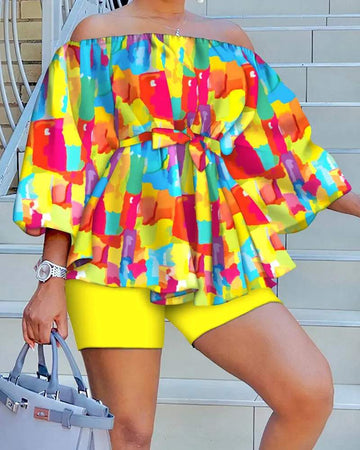 TIE DYE PRINT OFF SHOULDER BELTED TOP SHORTS SET