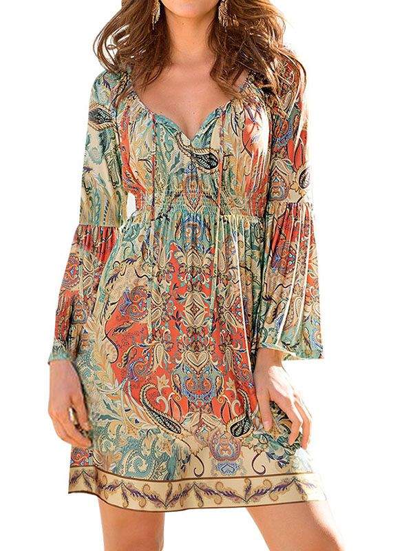 WOMEN DRESS LONG SLEEVE BEACH SUMMER DRESSES FLORAL PRINT VINTAGE MAXI DRESS