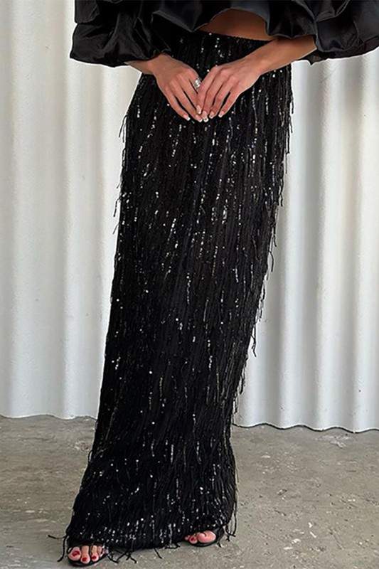 BEADED FRINGE MAXI SKIRT
