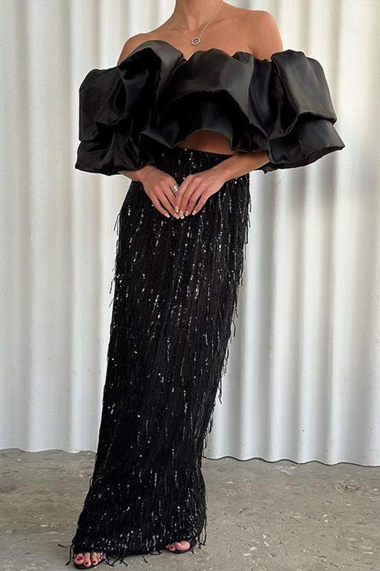 BEADED FRINGE MAXI SKIRT
