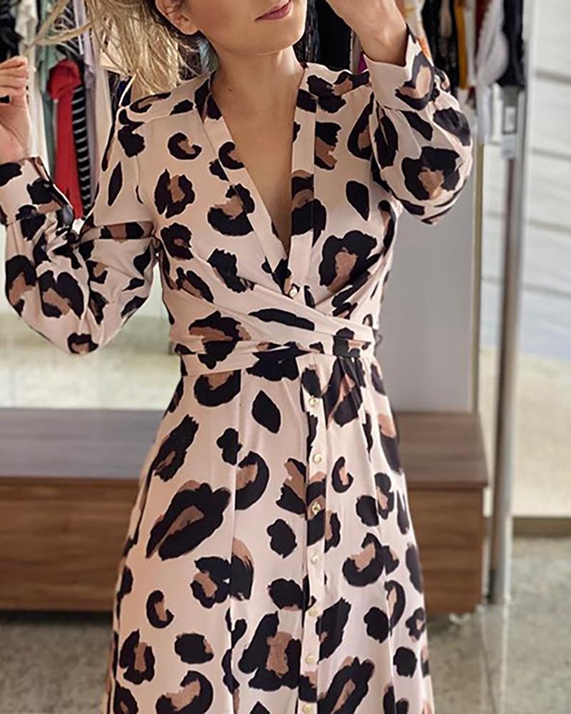 Leopard Print Wrap Dress, Chic Button-Up Dress