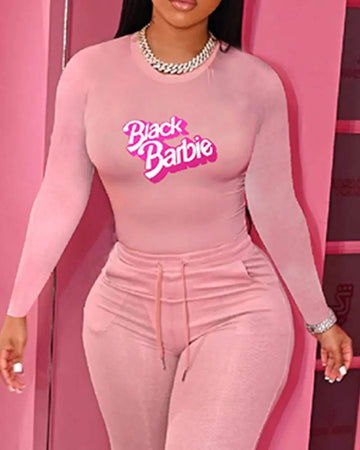 BLACK BARBIE PRINT TOP DRAWSTRING PANTS SET
