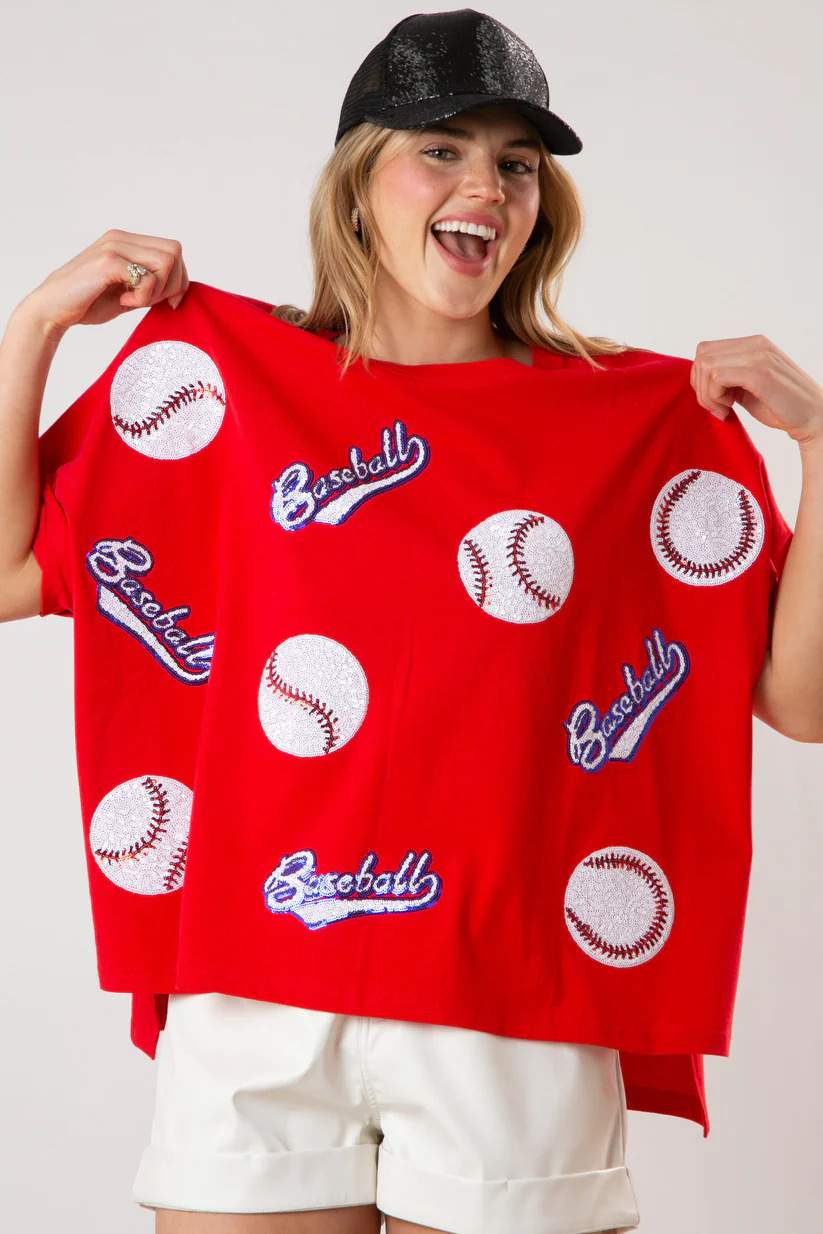 BASEBALL SEQUINED SHORT SLEEVED TOP LOOSE CASUAL T SHIRT