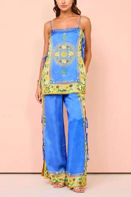 PRINTED MULTICOLOR SATIN TOP PANTS SET