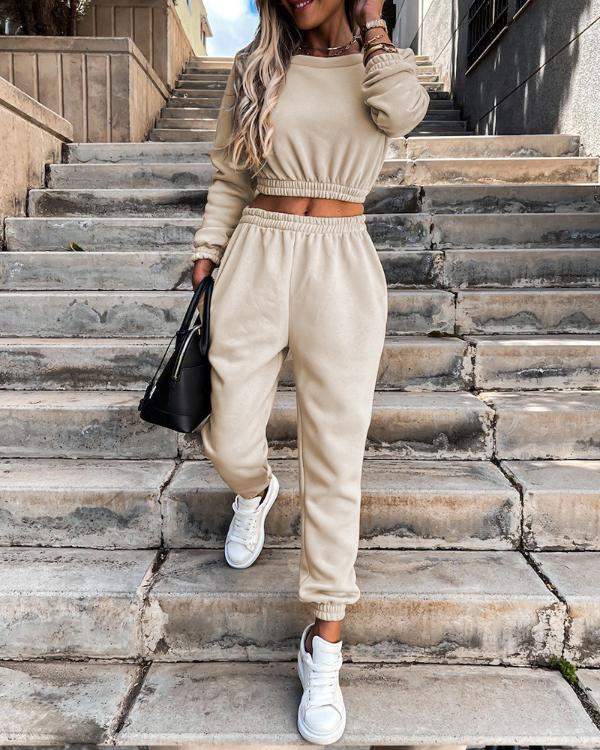 Long Sleeve Casual Top Pocket Design Pants Set