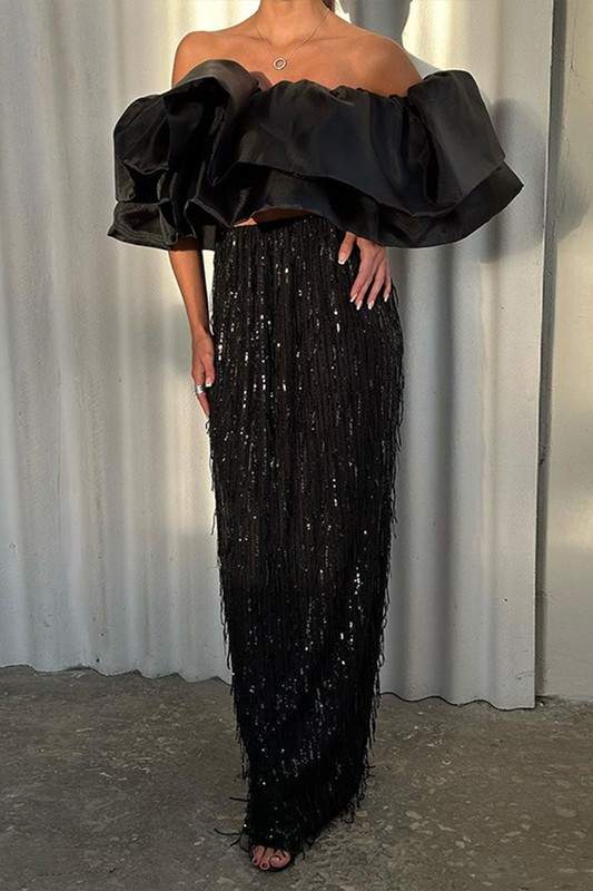 BEADED FRINGE MAXI SKIRT