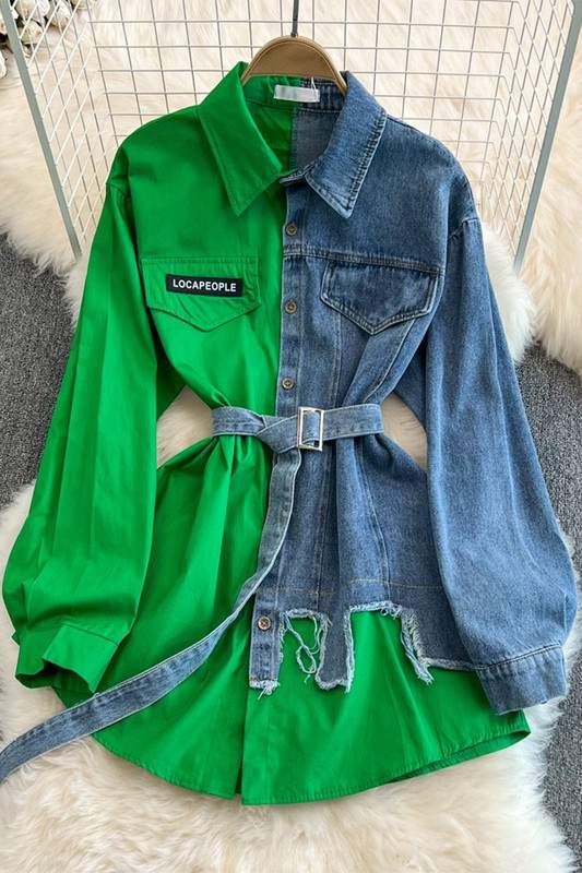 DENIM MIXED BELTED SHIRT