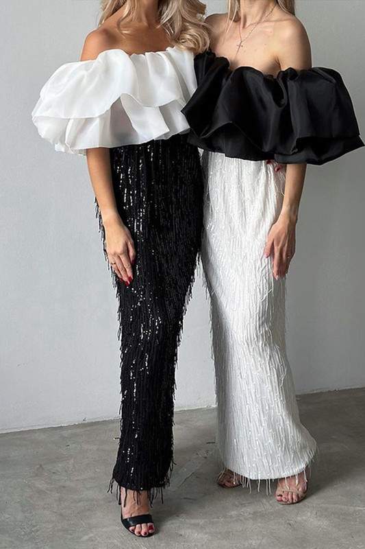 BEADED FRINGE MAXI SKIRT