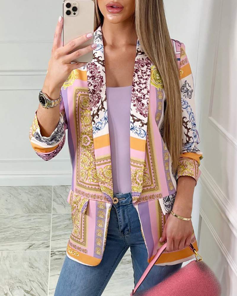 Scarf Print Pocket Decor Long Sleeve Blazer Coat