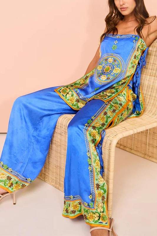 PRINTED MULTICOLOR SATIN TOP PANTS SET