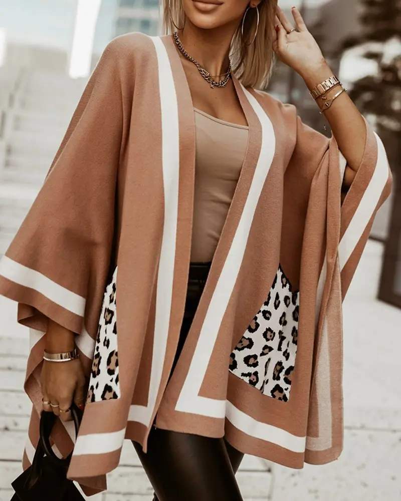 LEOPARD PRINT CONTRAST PANELED PONCHO CARDIGAN