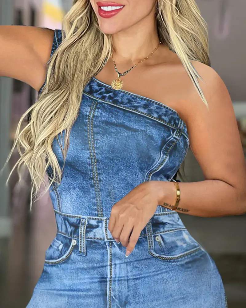 DENIM LOOK PRINT ONE SHOULDER BODYCON DRESS