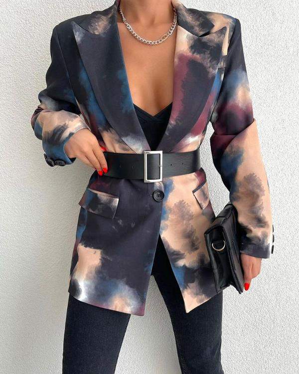 Tie Dye Notched Collar Single Button Flap Detail Blazer Coat