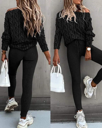 BRAID TEXTURED FLUFFY LONG SLEEVE TOP PANTS SET