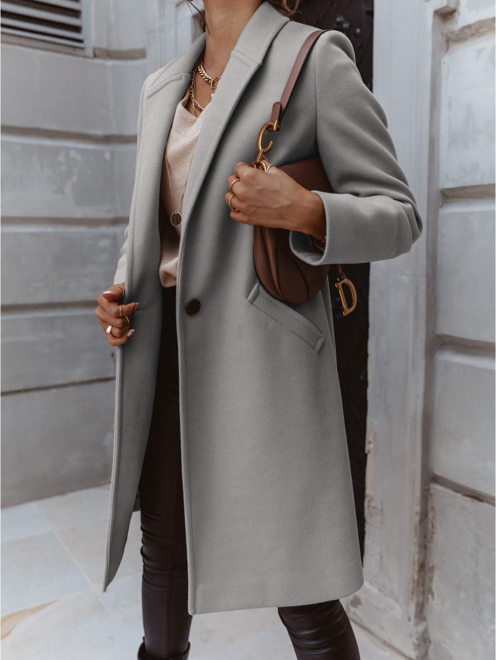 SOLID COLOR LAPEL  BUTTON TWEED COAT