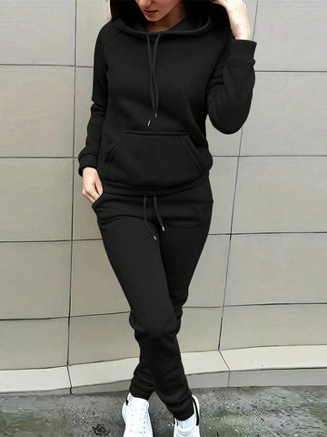 LADIES SOLID COLOR DRAWSTRING HOODIE AND SWEATPANTS TWO PIECE SET