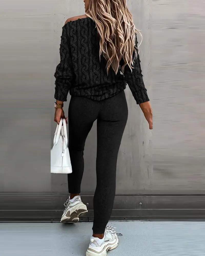 BRAID TEXTURED FLUFFY LONG SLEEVE TOP PANTS SET