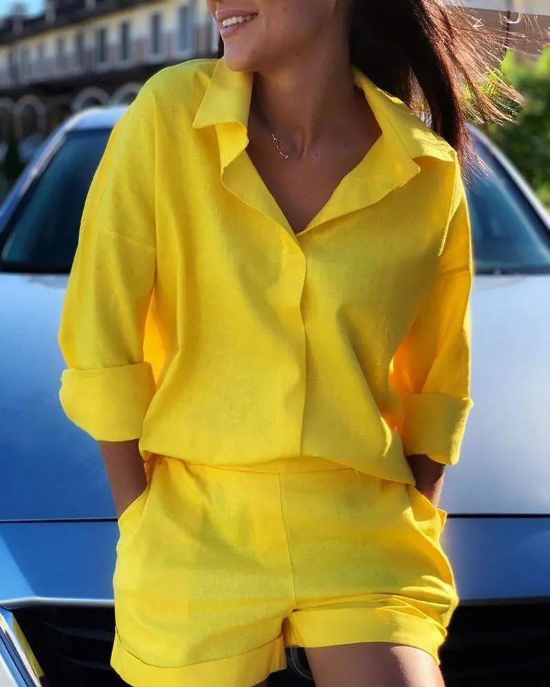 LONG SLEEVE SHIRT POCKET DESIGN SHORTS SET