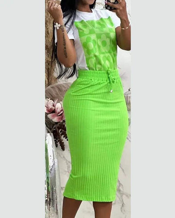 FLORAL GRAPHIC PRINT TOP DRAWSTRING SLIT SKIRT SET