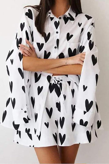 Trendy Heart Print Button-Up Top