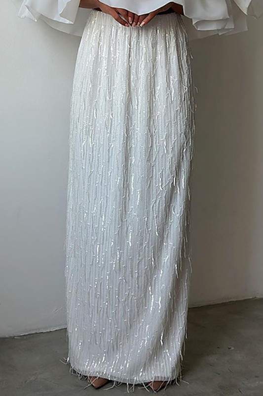BEADED FRINGE MAXI SKIRT