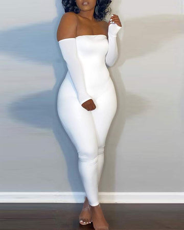 Off Shoulder Long Sleeve Skinny Jumpsuit