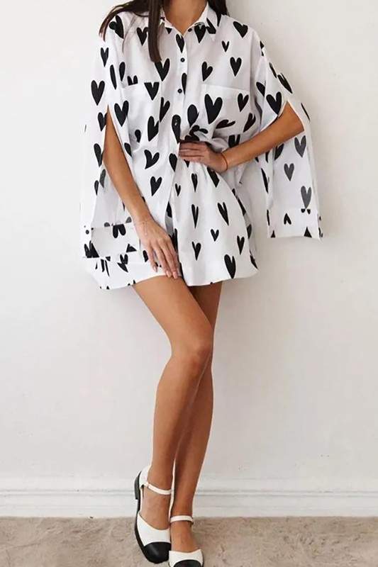 Trendy Heart Print Button-Up Top