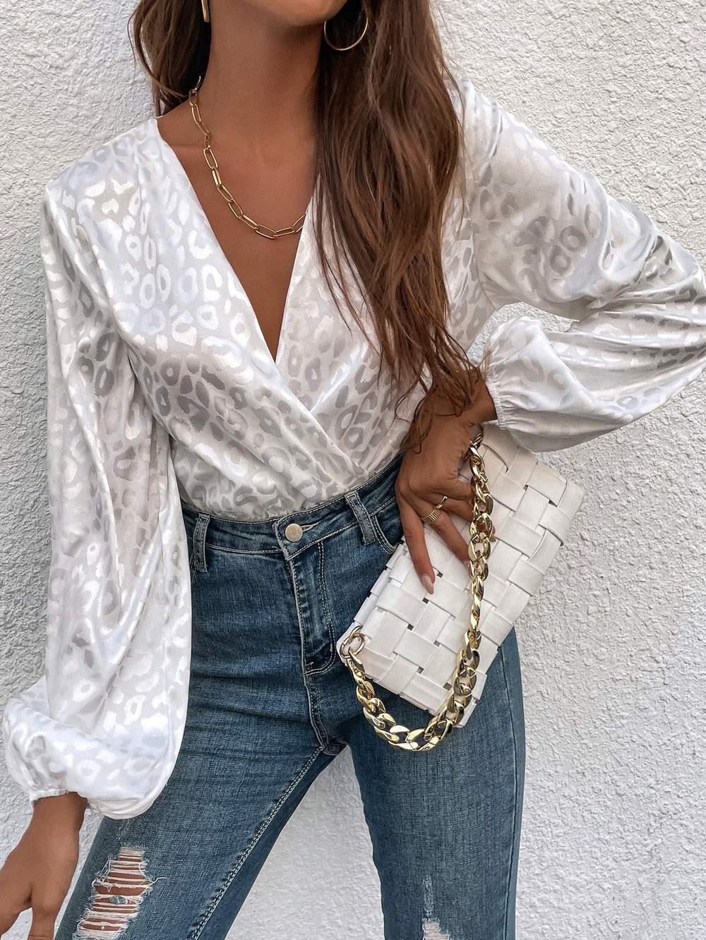 Leopard Print V-Neck Blouse, Elegant Top