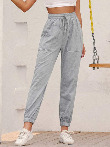 SWEATPANTS LIGHT GRAY POLYESTER RAISED WAIST TROUSERS