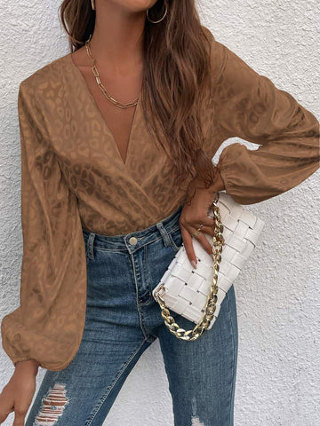 Leopard Print V-Neck Blouse, Elegant Top
