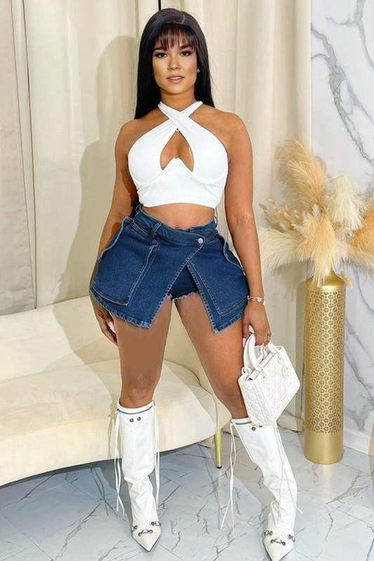 WRAP FRONT DENIM SHORTS