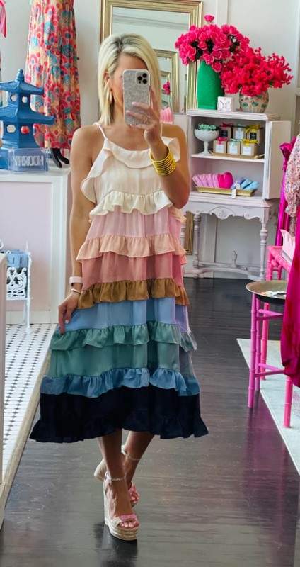 RUFFLE TIERED MIDI DRESS