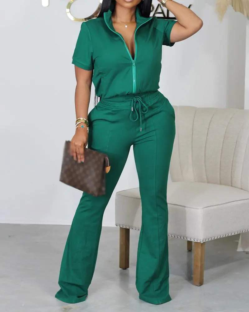 SHORT SLEEVE ZIP UP TOP DRAWSTRING PANTS SET
