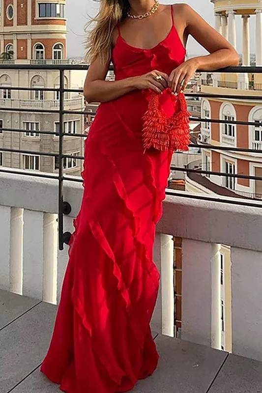 V NECK TIERED RUFFLE BACKLESS MAXI DRESS