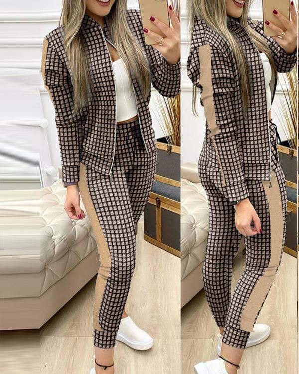NEW SEQUINS ZIPPER DESIGN LONG SLEEVE COAT DRAWSTRING PANTS SET