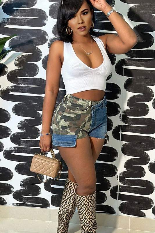 CAMO DENIM SHORTS