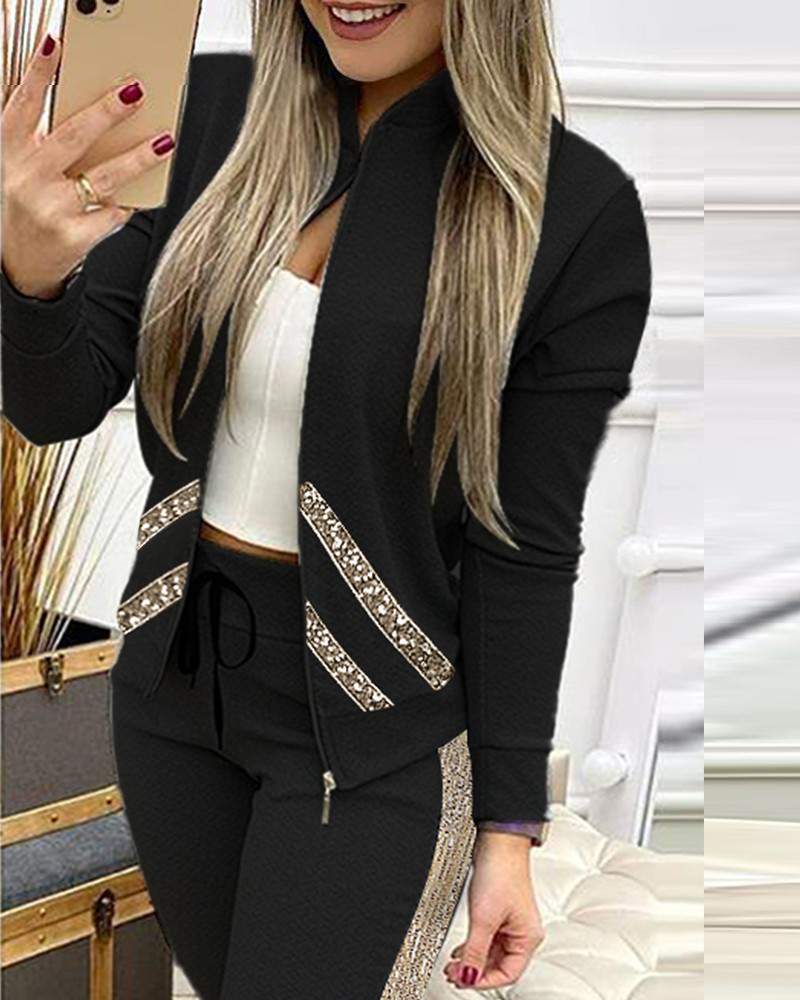 NEW SEQUINS ZIPPER DESIGN LONG SLEEVE COAT DRAWSTRING PANTS SET