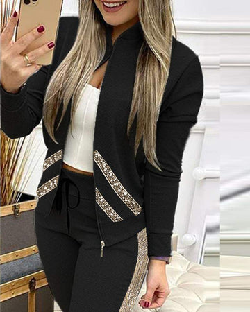 NEW SEQUINS ZIPPER DESIGN LONG SLEEVE COAT DRAWSTRING PANTS SET